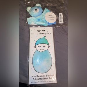 Brand new in bag/box Little Sleepies blue tidepool swaddle and lovey bear!